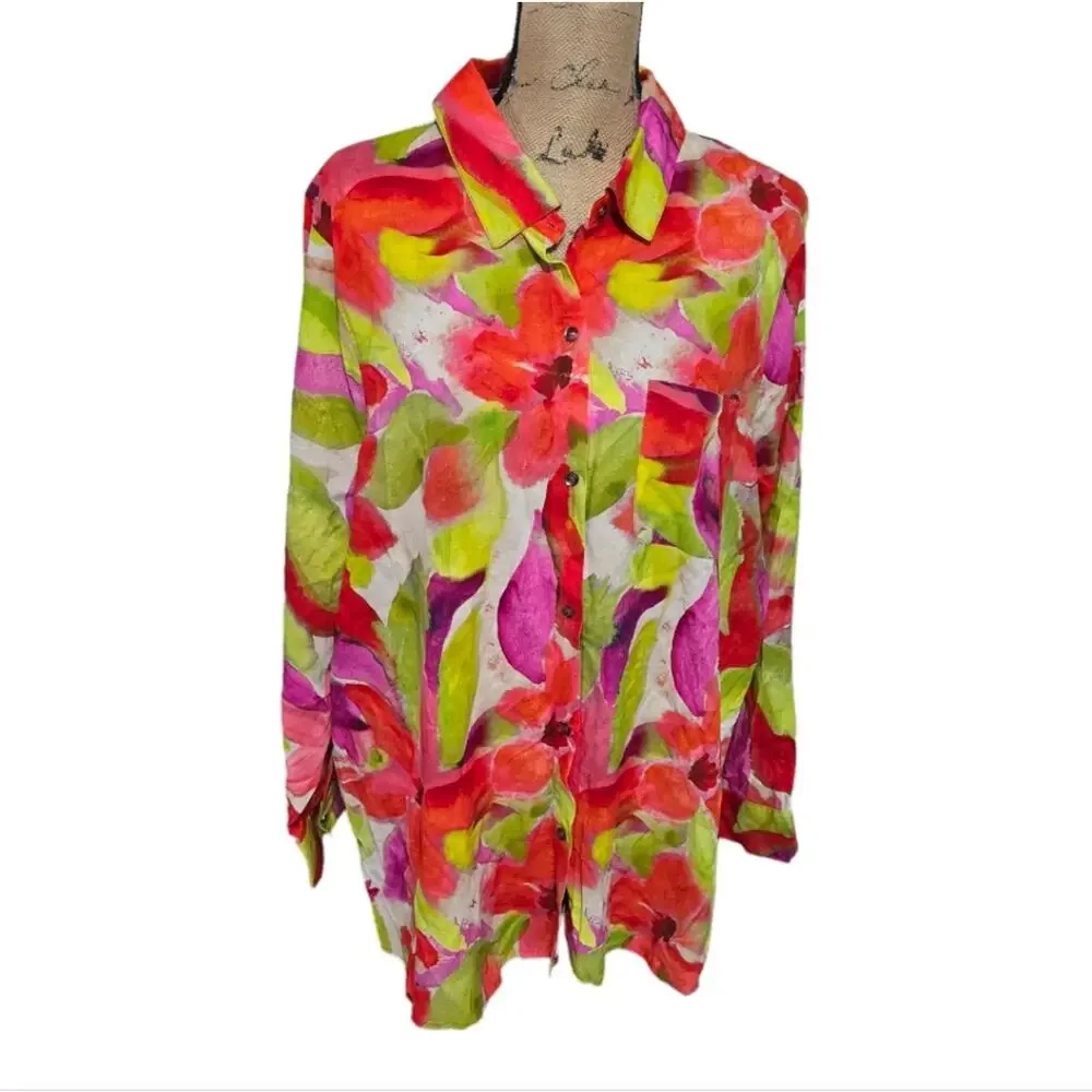 Sunny Leigh Watercolor Floral Linen Blend‎ Button Down Shirt Plus Size 2X New!